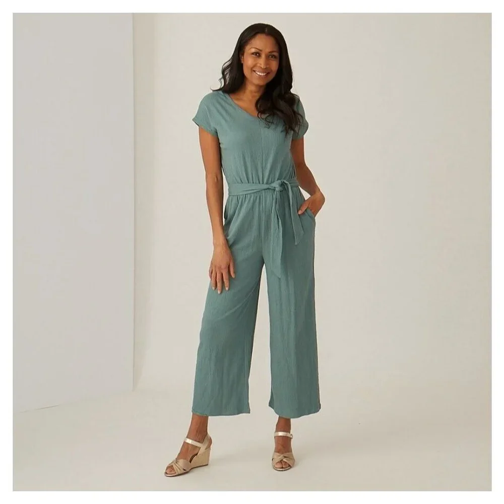 Cuddl Duds Jumpsuit Green Crinkle Jersey V Neck Wide Leg Tie Waist